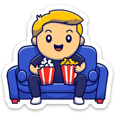 Person sitting comfortably on couch watching movie with popcorn in hand, excited expression sticker