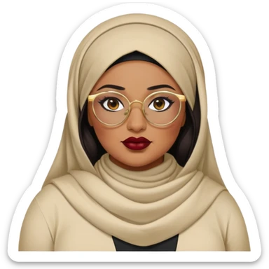 big plus size, latina, darker tan skin, gold hoops, hijab, baddie,pretty, makeup, dark red lipgloss, black eyeliner, long hair, black shirt, black glasses sticker