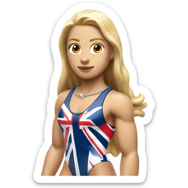 A girl with long blonde hair with wide shoulders wearing a Great Britain rowing swimming suit and has toned muscles and add a necklace that has a sea shell pendant on it. The necklace is around the neck and the pendant is on her chest sticker