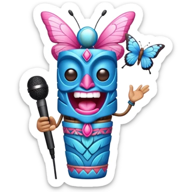 Cartoon Blue and pink tiki singing with butterfly and in the mikrophone sticker