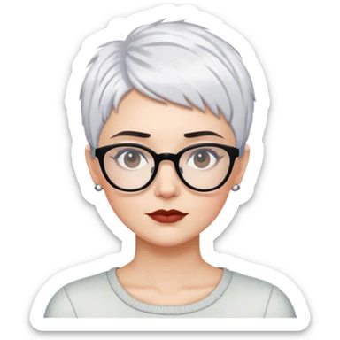 White woman with cropped choppy short pixie white hair, dark brows, glasses sticker