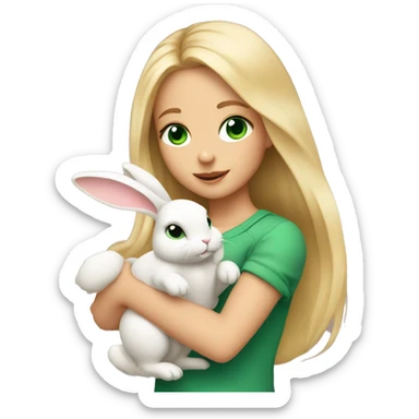 Girl with long blonde hair and green eyes holding a cute bunny in her arms sticker