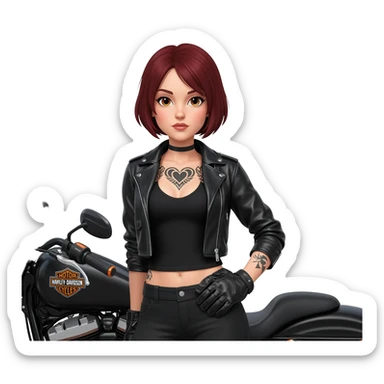 A female Harley rider with short mahogany-coloured hair, dressed in biker gear, with a heart sticker