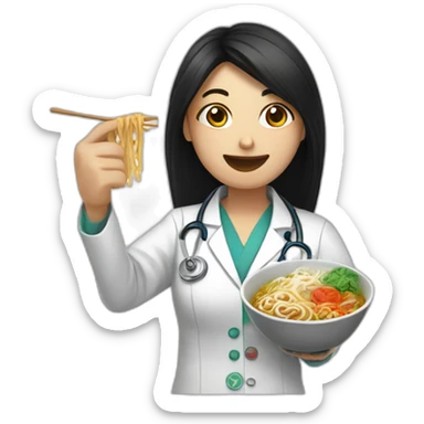 female doctor with long dark hair eating ramen bowl with thumbs up sticker