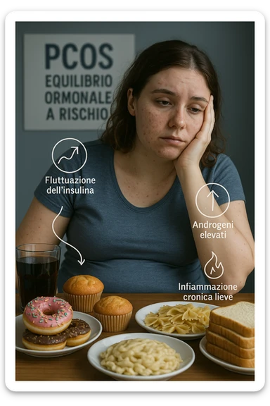 Donna tra i 25 e i 35 anni, seduta a tavola con un’espressione stanca e gonfia. Sul tavolo ci sono alimenti sbagliati per la sua condizione: dolci raffinati, pane bianco, pasta, bibite zuccherate. Intorno al suo corpo si vedono elementi simbolici che rappresentano gli effetti della PCOS peggiorata: insulina fluttuante, androgeni elevati, infiammazione bassa cronica. La sua pelle appare acneica, gonfiore addominale visibile, sguardo affaticato. Sullo sfondo, un cartello sfocato con scritto 'PCOS – equilibrio ormonale a rischio'. Stile realistico con elementi simbolici, toni freddi ma chiari in italiano sticker
