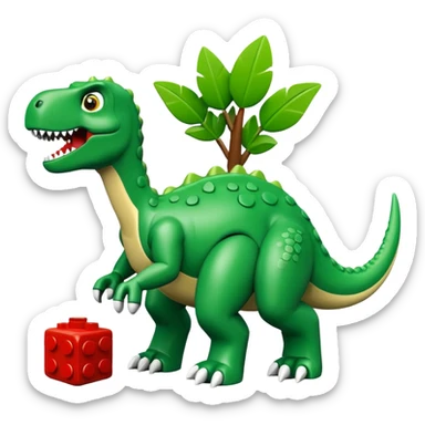 A green dinosaur playing with LEGO sticker