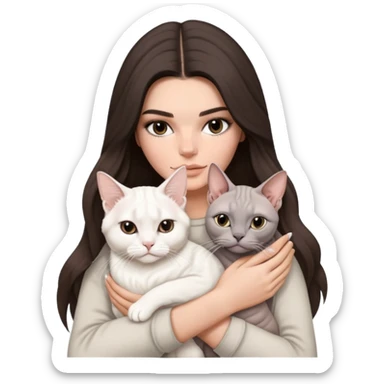 brunette Kendall Jenner with long hair holding on the hands a british white cat and a grey Sphynx sticker
