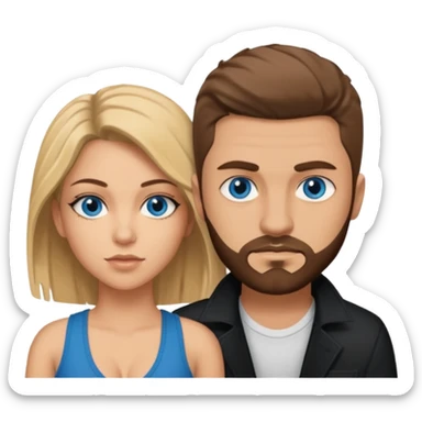 A gangster couple. Both blue eyes. She looks like Shakira and he has brown hair a very short beard and short fade haircut and the sides faded down to skin sticker