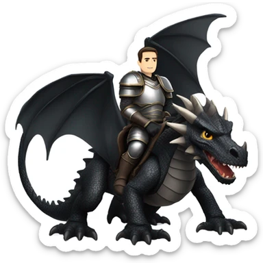 Confident armored White Man with dark brown hair and a short beard riding on the back of a giant armored black dragon sticker