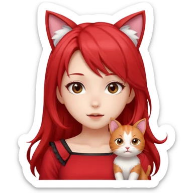 cute anime girl with cat ears, red blowing hair sticker