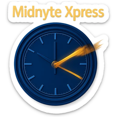 Change the clock face color to deep blue, keeping the motion blur on the hands, glowing effect, realistic style, and 'Midnyte Xpress' text above. Transparent background. Maintain the realistic style and effects as in the original images. sticker