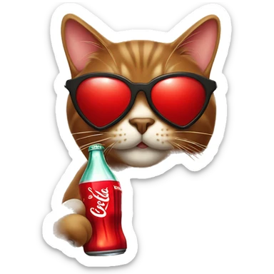 Brown cat wearing heart shaped sunglasses that are red drinking Coca-Cola sticker