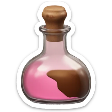 Mysterious Alchemical vintage glass potion bottle, exquisite bottle shape, old and shabby, with label, stylish and minimalistic, brown and pink, oil potion is poured out of the bottle, oil is spilled next to it sticker