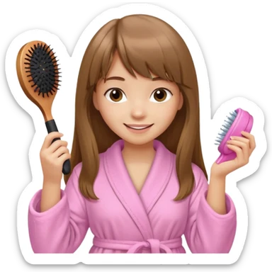 a girl with light skin and medium brown long hair with bangs who is brushing her hair with a hairbrush and she is wearing a light pink bathrobe sticker
