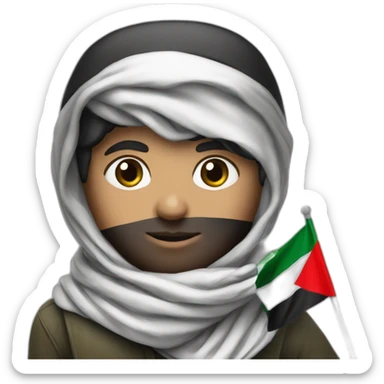 A Palestinian wearing a scarf black and white with the Palestinian flag on his face  sticker