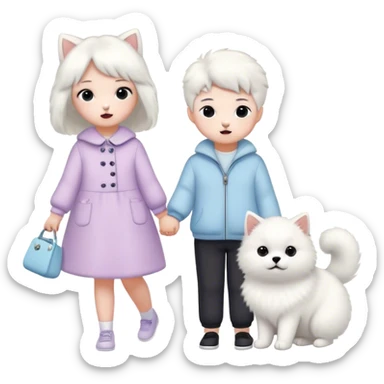 children in pastel clothes play with a Samoyed and a black British cat sticker