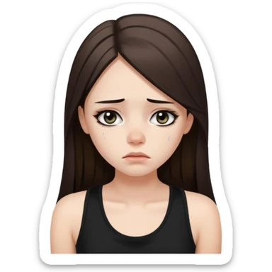 a fair girl with straight long brunette hair, black tank top, eyeliner on. Looking sad sticker