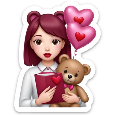 maroon love letter, three metallic pink heart-shaped balloons and red kisses and love teddy bear sticker