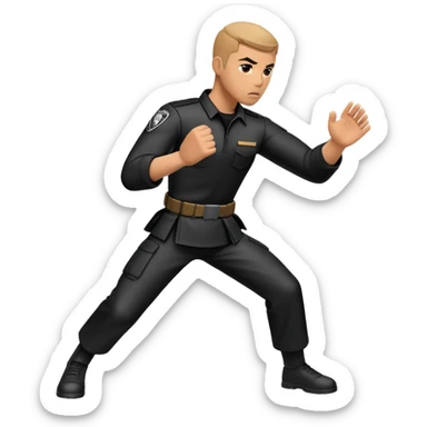 A tactical Krav Maga figure in black uniform, blocking an attack with a defensive arm motion, serious expression, symbolizing real-world combat, minimal but strong design sticker