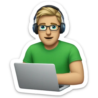 white guy with dark blond hair square glasses blue eyes wearing green t-shirt with laptop and headphones sticker