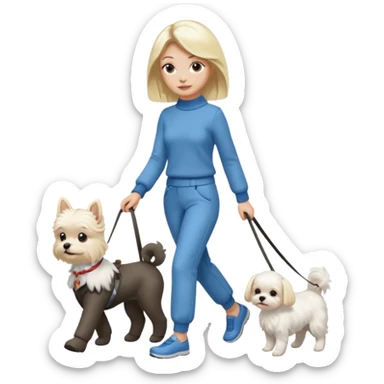 blonde woman wearing pants, walking a small maltese dog. sticker