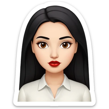 Young fuller-figured woman with oval face, high cheekbones, brown skin, dark brown eyes, thick eyebrows, red lipstick, long straight black hair, slightly plump, wearing a white blouse sticker