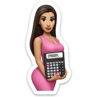 Hyper realistic kim kardashian with long straight brown hair holding a small pink calculator in her hand sticker