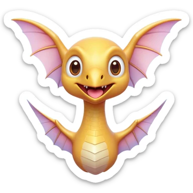 Cinematic Cute Pterodactyl Portrait Emoji, Head tilted playfully with a charming smile, featuring a diminutive, agile form with delicately curved wings and wide, sparkling eyes full of endearing wonder, Simplified yet irresistibly adorable features, highly detailed, glowing with a warm, inviting pastel glow, high shine, affectionate and lively, stylized with a touch of whimsical prehistoric charm, soft glowing outline, capturing the essence of a mischievous yet lovable Pterodactyl that seems as if it could flutter out of the screen into your arms! sticker