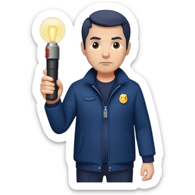 Security, Middle-aged, wearing navy blue jacket, serious facial expression, holding flashlight, full body sticker