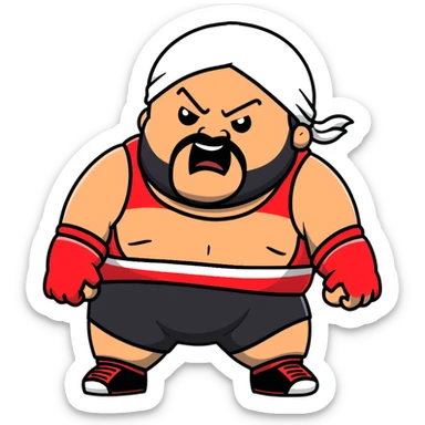White skin fat guy with black durag, black beard, black eyes in a red and black wrestling singlet with angry face sticker