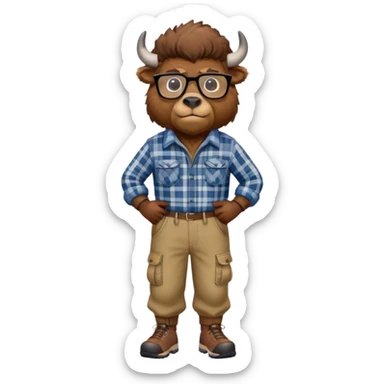 friendly anthropomorphised bison in cargo pants and plaid shirt, wearing glasses, jogging upright sticker