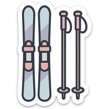 cross-country skis standing with poles leaning against skis, icon-color-outlined style, detailed shading, thin clean outlines, soft rounded features, pastel palette #98B5BC #B5B3C1 #C9A3C9 #E4C0CA #F7DCD1 #F7C0AA, Japanese pop art, sticker look, highly detailed, vector clarity, soft lighting, subtle shadows, transparent background sticker