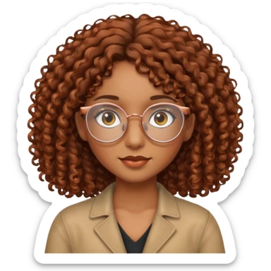 Brown-skinned girl with brown eyes and shoulder-length curly hair with copper glasses sticker