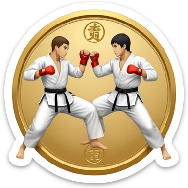 Round emblem symbolizing striking martial arts. The emblem features two fighters in dynamic stances, one delivering a powerful punch while the other defends with a block. In the center, a stylized fist and foot crossed to represent the essence of striking.  sticker