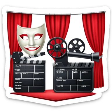 Icon for Acting in Theatre: a stage with curtains, a theater mask, a film camera, and a clapperboard. The design should represent theatrical performance and acting techniques. Transparent background. sticker