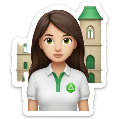 architect woman light skinned dark brown hair in WHITE POLO, long hair but then wearing proper architeture attire green touch of colors sticker