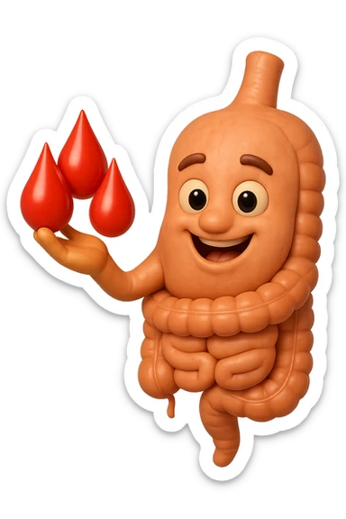 emoji stile iphone 3d di stomaco e intestino collegati verticalmente con 3 gocce di sangue 3d in mano, iperrealistiche 4k sticker