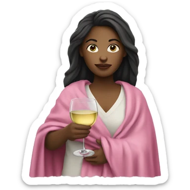 white girl with dark hair a glass of white wine wearing a pink shirt and wrapped in blanket sticker