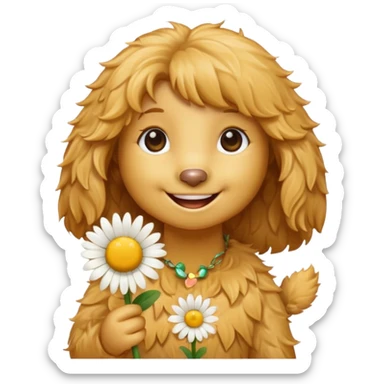 Light golden doodle girl with a daisy sticker