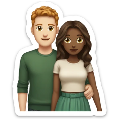 Reddish light brown haired guy in his early twenties with greenish eyes, light skin and freckles holding hands with a dark brown haired girl in her early twenties with dark eyes and a light mid tone skin sticker