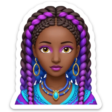 Create me an emoji of a beautiful Ethiopian Queen of Sheba with amazing braids wearing a neon purple and blue gradient African patterns. sticker