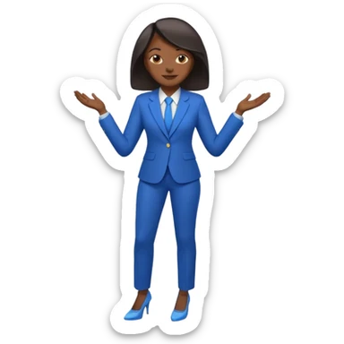 black woman in a blue smart suit and shoes, standing with hands by her side, looking downwards, emoji style sticker