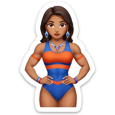 sexy and muscled, full body, brown skin Armenian caucasian girl, sexy Armenian girl, beautiful eyes, makeup, earrings, muscled, surrounded by mountains, red, blue and orange stripes, mountains around sticker