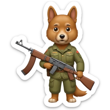 Serious dog wearing a army suit with a ak47 sticker