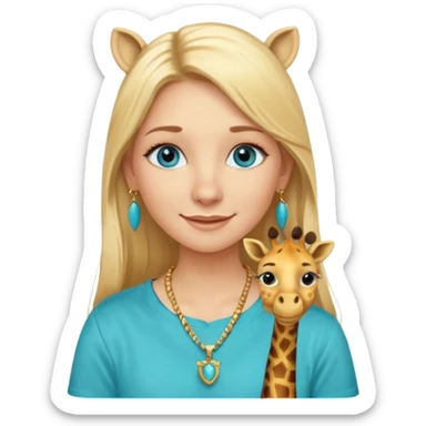 Swedish girl blonde long straigt hair blue eyes turqoise shirt gold earings girrafe necklace gold small long lashes smiling closed mouth sticker