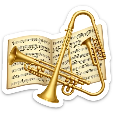 Create an elegant and artistic emoji that represents music arrangement and orchestration. The design should feature a conductor's baton, musical scores, and various orchestral instruments (e.g., violin, trumpet, flute). Incorporate flowing lines to represent harmony and orchestral balance, along with a subtle representation of sheet music. Use rich, classical colors like gold, silver, or deep blue, and create an atmosphere of sophistication and precision. The background should be transparent. sticker