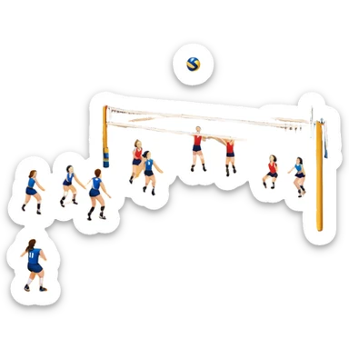 A close-up of a volleyball on the court, with the net in focus and the court markings visible. The background shows the stands filled with spectators, creating an energetic atmosphere of a volleyball match, with attention to detail on the equipment and the surrounding environment. sticker