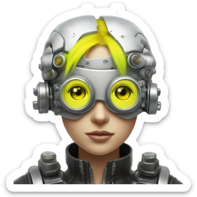 Round faced Caucasian female cyborg head with Neon yellow bobbed hair, silver steampunk goggles and circuits sticker