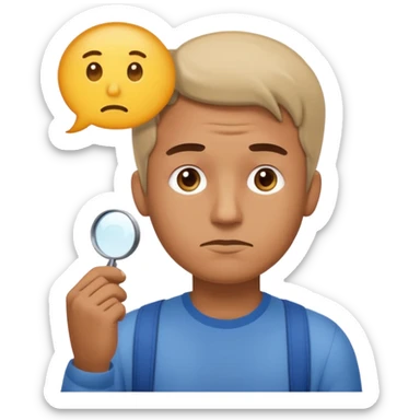 Realistic emoji-style man in simple everyday clothes, looking thoughtful and analytical. A thought bubble above his head shows a critical-thinking icon (question mark + magnifying glass). Soft lighting, expressive critical facial expression. sticker