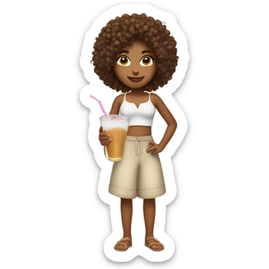 Girl with curly hair tan skin with a coconut drink in her hand sticker